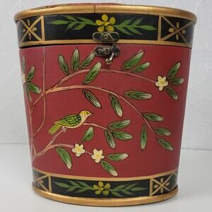 Vintage Folk Art Bentwood Hand Painted Liquor Box‎ Basket with Cover Red Floral